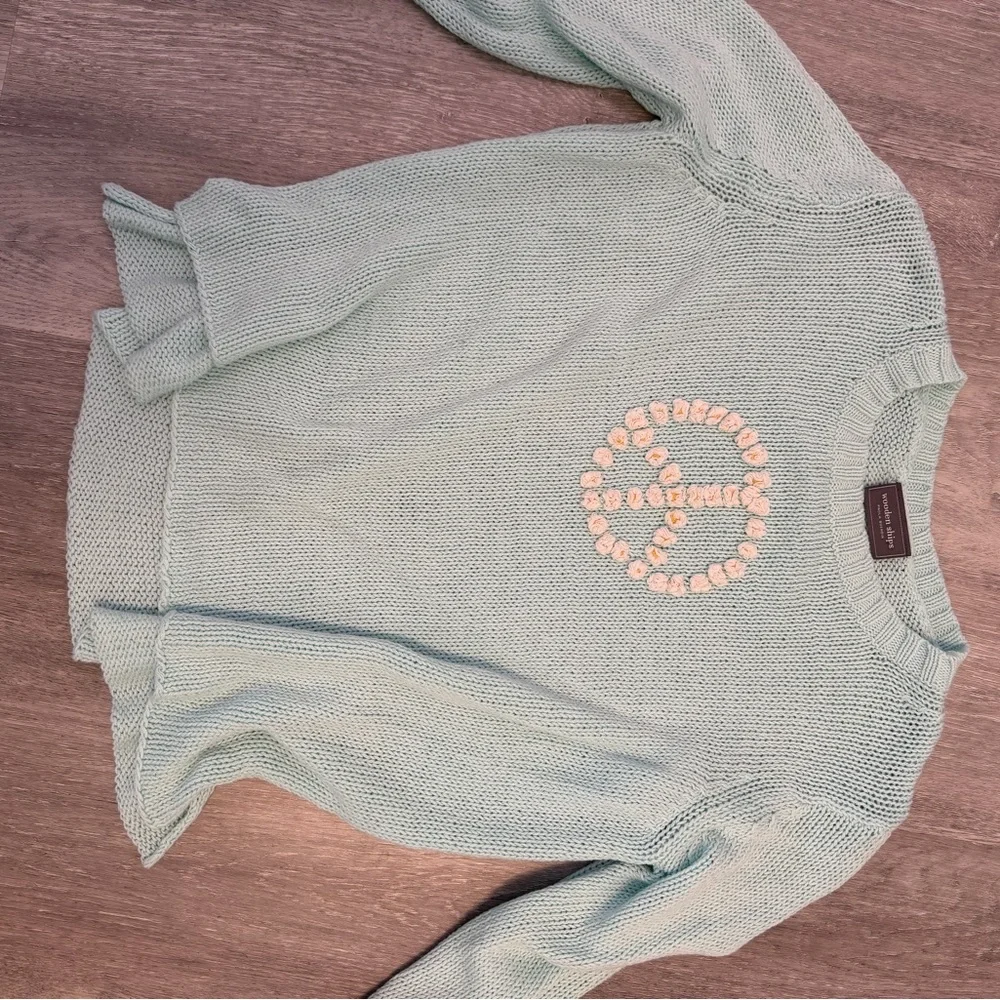Wooden Ships Mint Green Sweater with Peace Sign - Picture 1 of 4